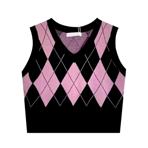 Black & pink checked Knit Vest - Picture 1 of 2